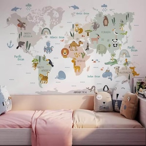 Weltkarte Wandaufkleber Kreative DIY Aufkleber Cartoon Tier Aufkleber Kinderzimmer Schlafzimmer Wanddekoration