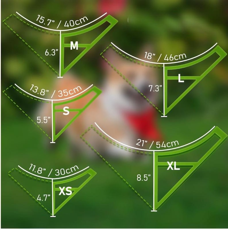 May include: Diagram of dog bandana sizes: XS (11.8"/30cm), S (13.8"/35cm), M (15.7"/40cm), L (18"/46cm), and XL (21"/54cm). Each size is represented by a green triangle with measurements in inches and centimeters, indicating the bandana's dimensions.