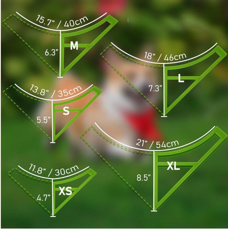 May include: Diagram of dog bandana sizes: XS (11.8"/30cm), S (13.8"/35cm), M (15.7"/40cm), L (18"/46cm), and XL (21"/54cm). Each size is represented by a green triangle with measurements in inches and centimeters, indicating the bandana's dimensions.