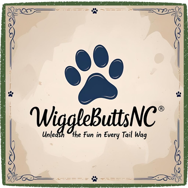 May include: A vintage-style graphic with a dark blue paw print at the top. The text "WiggleButtsNC" is in a cursive font, with the tagline "Unleash the Fun in Every Tail Wag" below. The background is beige with a green border.