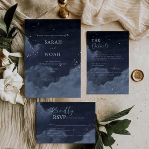 Suite de faire-part de mariage céleste – Faire-part de mariage sur le thème de la nuit étoilée personnalisée | 5 x 7, RSVP, détails et carte de remerciement | Numérique moderne