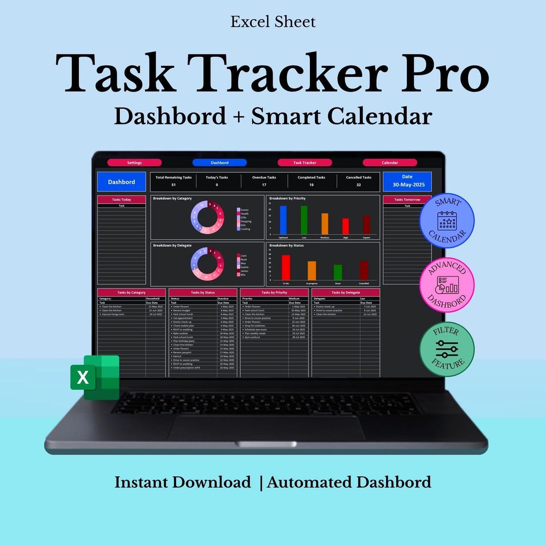 Task Tracker Pro Excel Template - Etsy