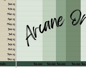 May include: A digital budget planner in green and white. The planner includes categories for expenses and income, with the text "Arcane Organizer" in a cursive font. The starting balance is £15.80.