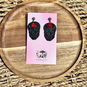Black Skull & Rose Polymer Clay Earrings: Gothic Halloween Jewelry