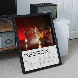 Minimal Negroni Cocktail Art Print, Home Bar Cart Decor, Mixology Cocktail Recipe Gift, Modern Art, James Bond Art Poster, Kitchen print