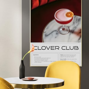 Clover Club Cocktail Print, plakat z rachunkiem za koktajle, dekoracja wózka barowego, sztuka wydruków cyfrowych, dekoracja ścienna, dekoracja kuchenna, drukowana sztuka ścienna