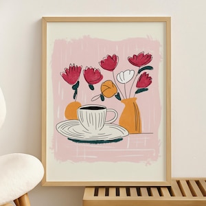 Kaffee und Blumen Poster, digitale Kunstdrucke, Eklektische Kunstplakat, naive Kunst, modernes Cafe Illustration, Blumenkaffeeplakat, Kaffeeliebhaber