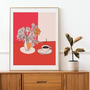 Coffee and Flowers Digital Wall Art, Maximalist Cafe Decor Print, Modern Warm Kitchen Poster, artful-wallart-printable , Coffee Lovers Gift