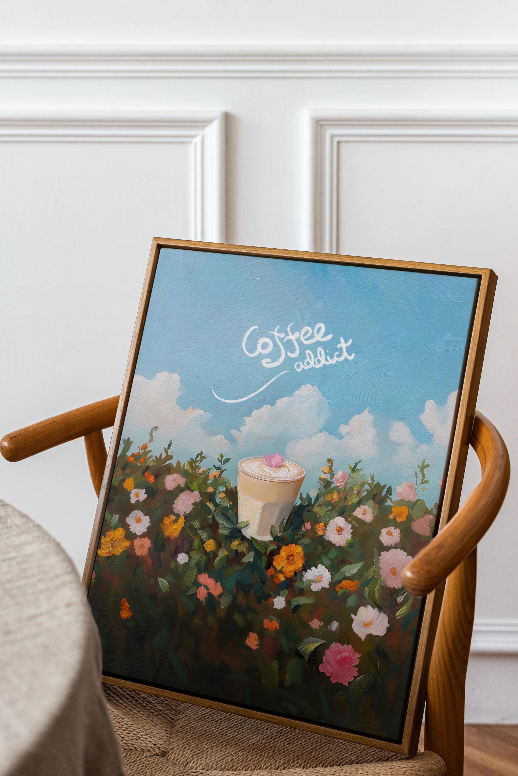 Kaffeesüchtige digitale Wandkunst, Latte im Blumenfeld Poster, süßes Kaffee-Liebhaber-Geschenk, Pastell-Küchendekor, Wallart Printabl, wunderliche Kunst