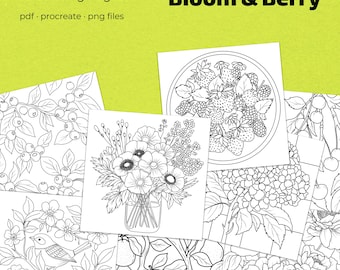 Garten Blumen Malseiten, 10 digitale Malbuchseiten für Erwachsene, Bloom & Berry PDF und Procreate Bundle, Malbuch Bunt