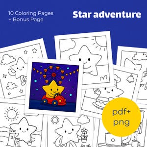 Cute Star Adventure, Kawaii Coloring Pages, Digital Coloring Book Pages, PDF & PNG coloring, For Kids and Adults, Cute Coloring Pages