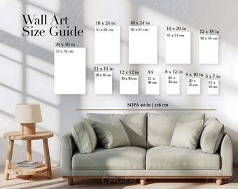 Könnte beinhalten: Ein Wandkunst-Größenleitfaden mit verschiedenen Rahmengrößen in Zoll und Zentimetern. Der Leitfaden zeigt die Größe der Rahmen im Verhältnis zu einem Sofa. Der Text "SOFA 90 in | 228 cm" befindet sich am unteren Rand des Leitfadens.