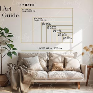 May include: A wall art size guide with a 3:2 ratio. The guide shows different sizes of wall art in inches and centimeters, with the largest size being 60 inches by 40 inches. The guide also includes a sofa size of 60 inches.