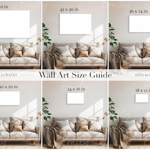 May include: Wall art size guide featuring various canvas sizes, including 60 x 40 inches, 45 x 30 inches, and 36 x 24 inches, displayed above a sofa. The guide also shows sizes like 30 x 20 inches, 24 x 16 inches, and 18 x 12 inches.