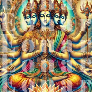 Könnte beinhalten: Eine mehrköpfige Gottheit mit vier Gesichtern, jedes mit einem anderen Ausdruck, sitzt in meditativer Haltung auf einer Lotusblume. Die Gottheit ist mit aufwendigen Schmuck und bunten Kleidern geschmückt. Der Hintergrund ist eine lebendige Tapisserie aus Gold und Blau.