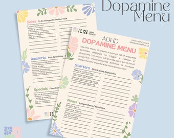 Könnte beinhalten: Ein druckbares ADHD Dopamin-Menü mit floralem Design. Das Menü ist in Abschnitte unterteilt: Beilagen, Desserts, Specials, Vorspeisen und Hauptgerichte. Jeder Abschnitt listet Aktivitäten auf, die dazu beitragen können, den Dopaminspiegel zu erhöhen.