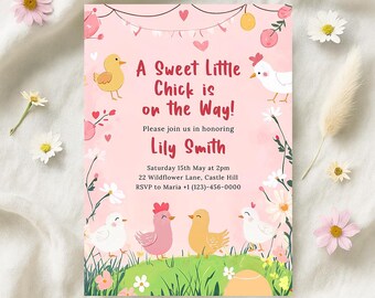 Plantilla editable para niñas, invitación para baby shower de un pollito dulce, bebé niña de granja, invitación imprimible para baby shower, descarga digital