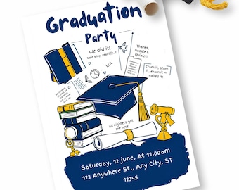 May include: A blue and yellow graduation party invitation with a cartoon illustration of a graduation cap, books, and a scroll. The text reads "Graduation Party" and includes details about the event, such as the date, time, and location.