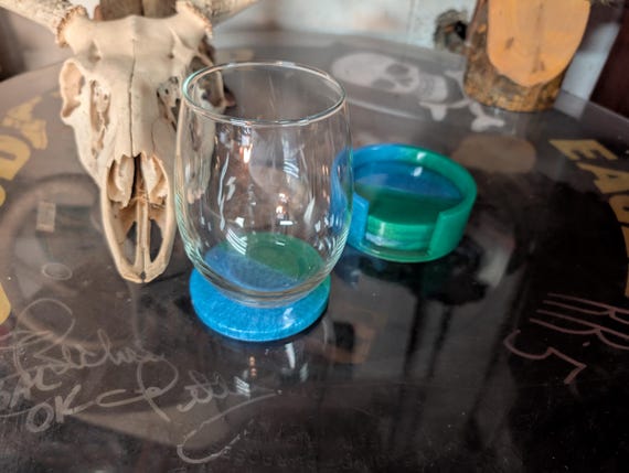 Hand Crafted Resin Coaster Set  blue and green With Matching Holder