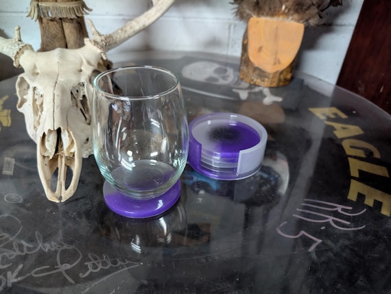 Hand Crafted Resin Coaster Set Purple In Color With Matching Holder