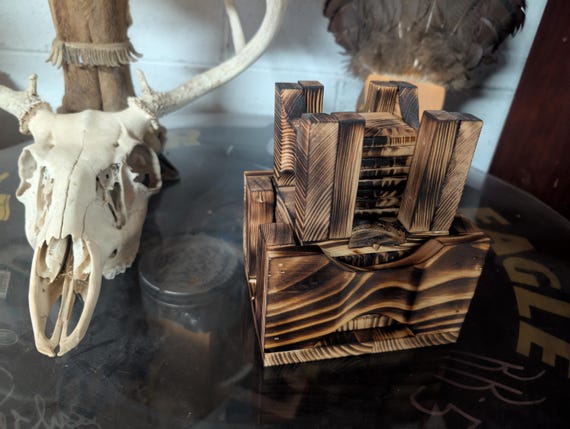 Hand Crafted Rustic Matching Set Of Regular And Shot glass Coasters With Holders