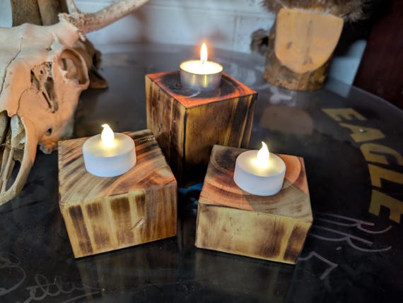 Set Of 3 Rustic Hand Crafted Wooden Tea light Candle Holders