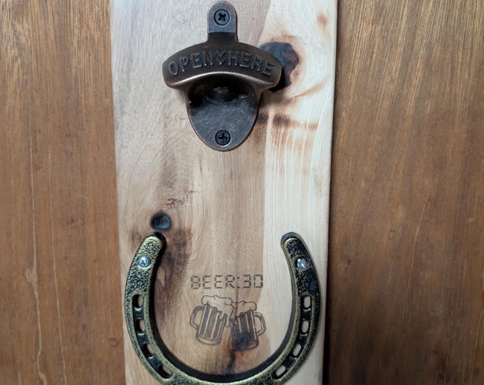 Featured listing image: Handcrafted Hickory Bottle Opener: Rustic Wall Mount with Magnetic Cap Catcher