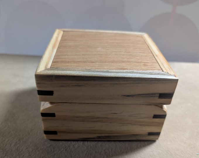 Featured listing image: Hand crafted small jewelry or keepsake box.  poplar, oak, and walnut with red velvet Lining