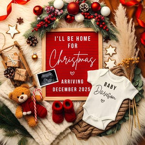 Faire-part de grossesse pour Noël, Je serai à la maison pour Noël, date prévue pour décembre, Révélation de bébé de vacances, modèle de toile numérique non sexiste