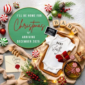 Kerstzwangerschapsaankondiging, vakantie sociale media onthullen, digitale babyaankondiging, genderneutraal babyaankondiging in december