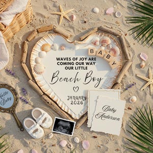 Anuncio de embarazo de verano, Anuncio de embarazo en la playa, Revelación de género, Plantilla digital editable para redes sociales, Anuncio de baby shower