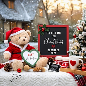 Faire-part de grossesse numérique pour Noël, prévu pour décembre, faire-part de bébé pour le père Noël, non sexiste, Je serai à la maison pour Noël