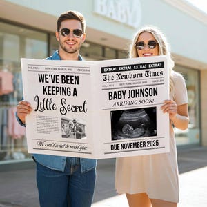 Annuncio di gravidanza su giornale, modello di giornale personalizzato, baby shower su giornale di grandi dimensioni modificabile, presentazione di giornale digitale stampabile
