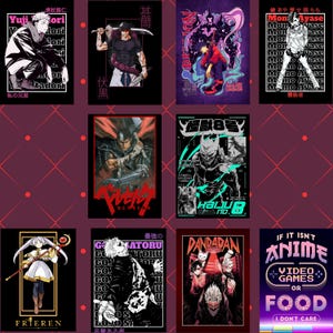 Puede incluir: Una colección de carteles de anime sobre un fondo negro. Cada cartel presenta un personaje o diseño diferente, con texto en japonés e inglés. Los carteles varían en color, algunos con gráficos llamativos y otros con un estilo más minimalista.