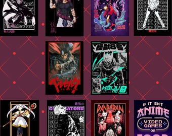 May include: A collection of anime-themed posters on a black background. Each poster features a different character or design, with text in Japanese and English. The posters vary in color, with some featuring bold graphics and others with a more minimalist style.