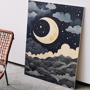 Crescent Moon Nursery Print: Dreamy Celestial Stars, Cloud Waves (Digital Download)