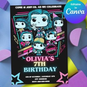 May include: Black birthday invitation featuring cartoon characters with teal hair and colorful outfits. The invitation reads "Olivia's 7th Birthday" with the date and RSVP information. The design includes neon pink and yellow accents.