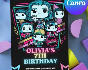 Neon Stranger Birthday Invitation: Retro 80s Chibi Template (Digital Download)