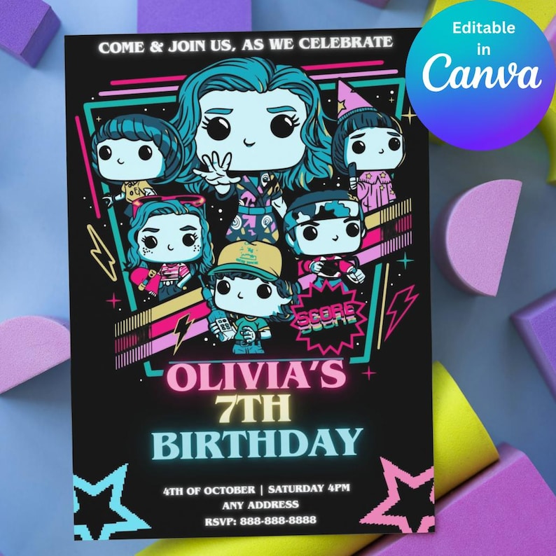 May include: Black birthday invitation featuring cartoon characters with teal hair and colorful outfits. The invitation reads "Olivia's 7th Birthday" with the date and RSVP information. The design includes neon pink and yellow accents.