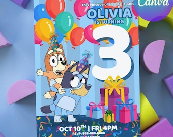 Bluey customizable Colorful Birthday Invitation Template: Editable Kids Party Invite card flyer (Instant Download)