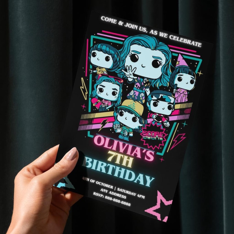 May include: Black birthday invitation with cartoon characters and the text "Olivia's 7th Birthday." The invitation includes the date, time, and RSVP information. The design features neon colors and a fun, celebratory theme.
