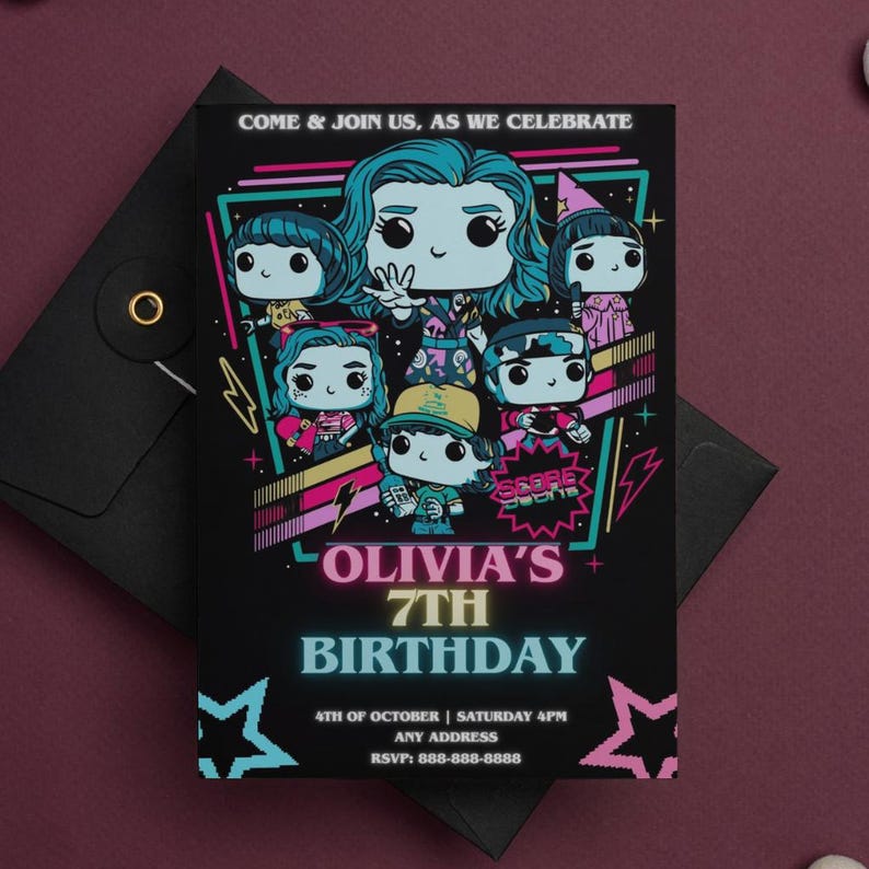 May include: Black invitation card with a colorful graphic featuring cartoon characters. The text reads "Olivia's 7th Birthday" with the date, time, and RSVP information. The card is set against a dark background with a matching envelope.