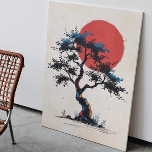 Japanese Bonsai Tree Print: Zen Red Sun Asian Wall Art (Digital Download)