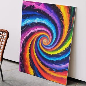 May include: A vibrant, abstract canvas print featuring a swirling vortex of rainbow colors. The artwork showcases a dynamic spiral pattern with hues of red, orange, yellow, green, blue, and purple, creating a visually captivating piece.