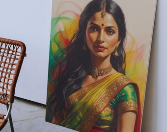 Indian Woman Portrait Art Print: Elegant Sari, Cultural Home Decor (Digital Download)
