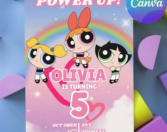 PowerPuff Pink Birthday Girl Invitation: Editable Canva Template (Digital Download)