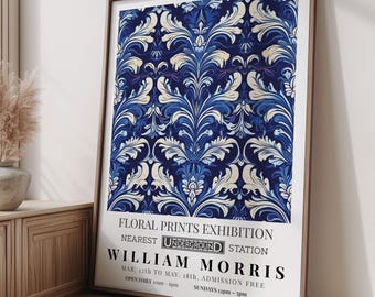 William Morris Inspired Blue Botanical Poster – Ornamental Floral Wall Art, Vintage Arts & Crafts Pattern, Navy Wall Decor, Floral Print