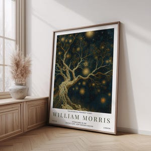 William Morris Moon and Stars Print, Tree of Life Poster, Vintage Celestial Blue and Gold Sky at Night Print, Moon and Clouds