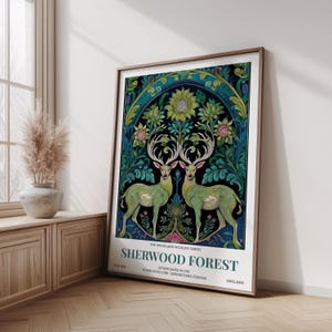 Sherwood Forest William Morris Style Twin Deer Floral Print, Woodland Wildlife Series Vintage Botanical Art Poster, Physical Print, No Frame