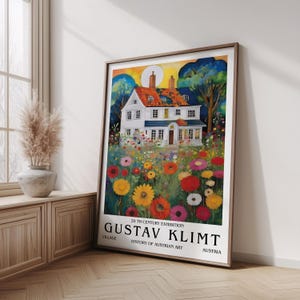 Gustav Klimt Floral Cottage Poster, Colorful Village House Art Print, Botanical Home Wall Decor, Cottagecore Garden Landscape